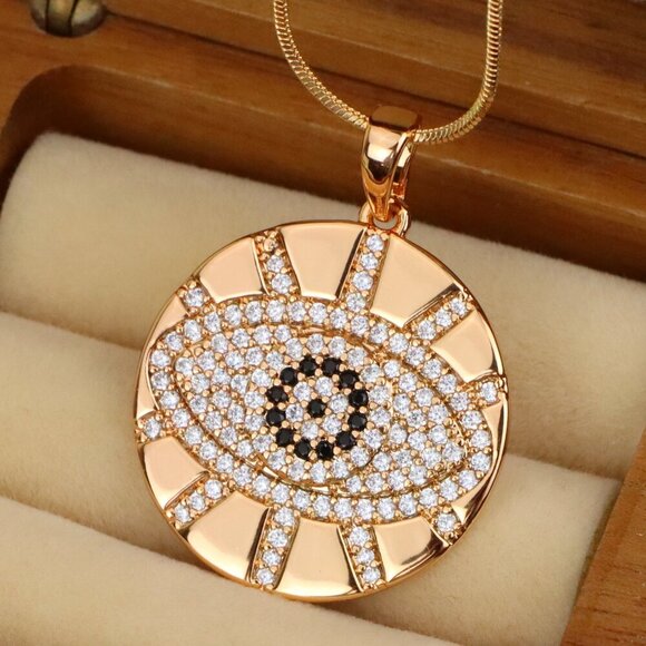 "Round Evil Eye Rose Gold Pendant with CZ Crystals and Shine Finish, XPPT1519 - Picture 1 of 13